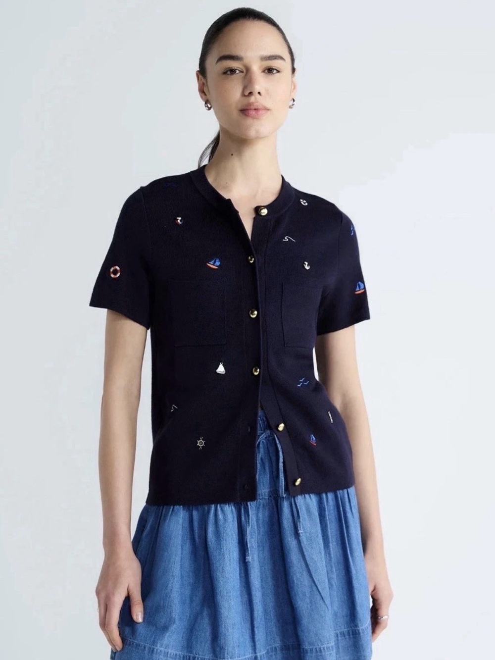 New no tag free assembly nautical Navy Short-Sleeve Embroidered Cardigan XS